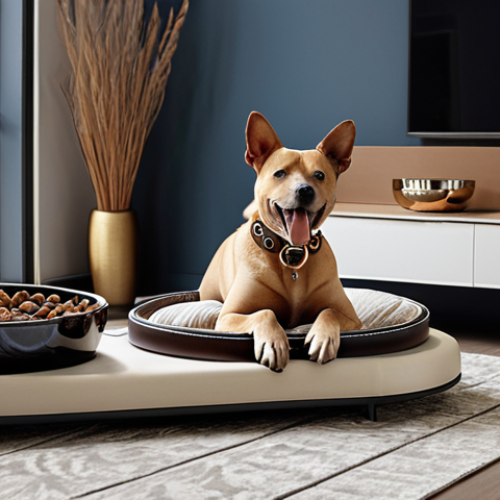 Home 11 **
Luxury pet accessories displayed stylishly. Focus on high-end dog collars, beds, and bowls. Showcase happy pets and well-dressed owners in a modern home setting.
**