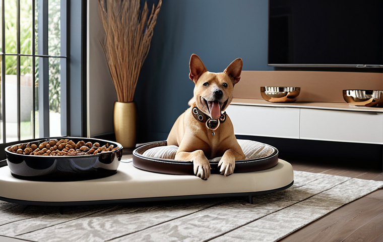 **

Luxury pet accessories displayed stylishly. Focus on high-end dog collars, beds, and bowls. Showcase happy pets and well-dressed owners in a modern home setting.

**