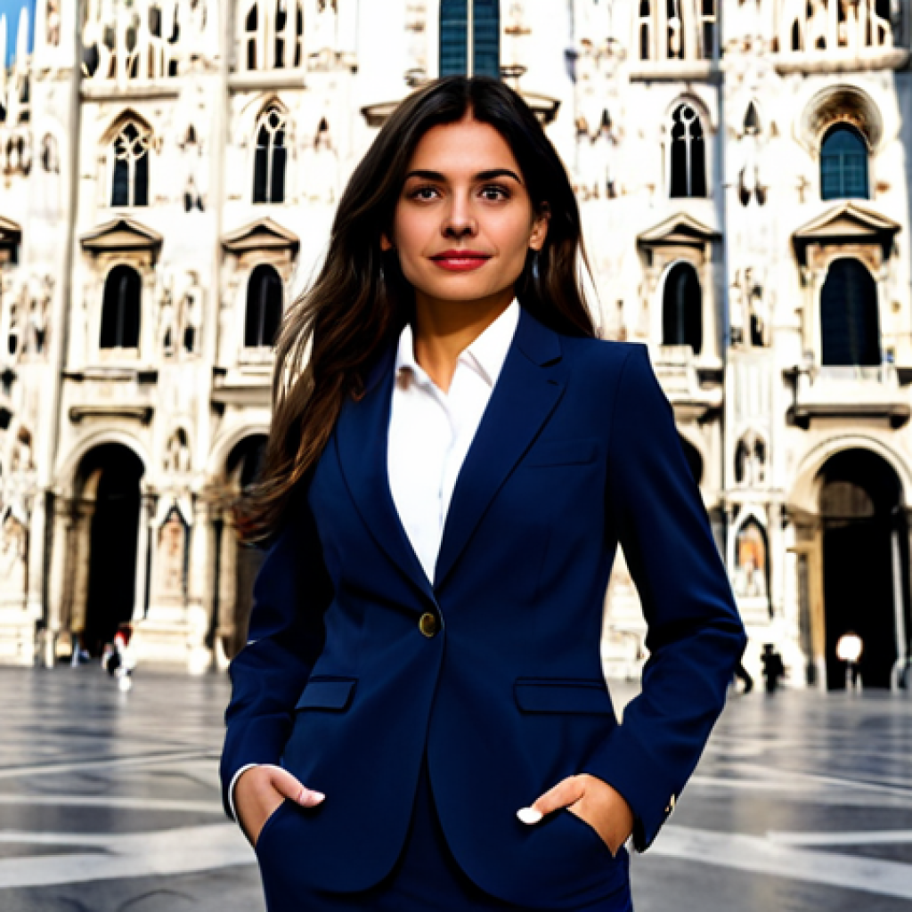 **
"A stylish Italian woman in a professional, fully clothed business outfit (skirt suit or pantsuit), standing confidently in front of the Duomo in Milan, Italy. Appropriate attire, perfect anatomy, natural pose, safe for work, professional, modest, high-quality rendering, detailed background, well-formed hands, proper finger count, natural body proportions."
**