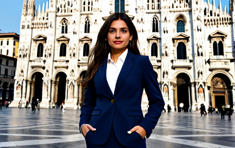 **
"A stylish Italian woman in a professional, fully clothed business outfit (skirt suit or pantsuit), standing confidently in front of the Duomo in Milan, Italy. Appropriate attire, perfect anatomy, natural pose, safe for work, professional, modest, high-quality rendering, detailed background, well-formed hands, proper finger count, natural body proportions."
**