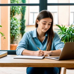Home 10 **
A student, fully clothed in casual but neat attire, is studying at a modern desk in a bright, airy room filled with plants. A laptop is open displaying an e-learning platform with Italian text. The background shows a glimpse of a charming Italian courtyard through a window. Safe for work, appropriate content, professional, family-friendly, perfect anatomy, correct proportions, natural pose, well-formed hands, proper finger count, natural body proportions.
**