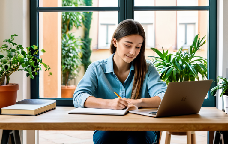 **
A student, fully clothed in casual but neat attire, is studying at a modern desk in a bright, airy room filled with plants. A laptop is open displaying an e-learning platform with Italian text. The background shows a glimpse of a charming Italian courtyard through a window. Safe for work, appropriate content, professional, family-friendly, perfect anatomy, correct proportions, natural pose, well-formed hands, proper finger count, natural body proportions.
**